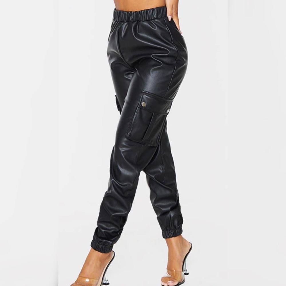 Petite Black Faux Leather Cargo Pants